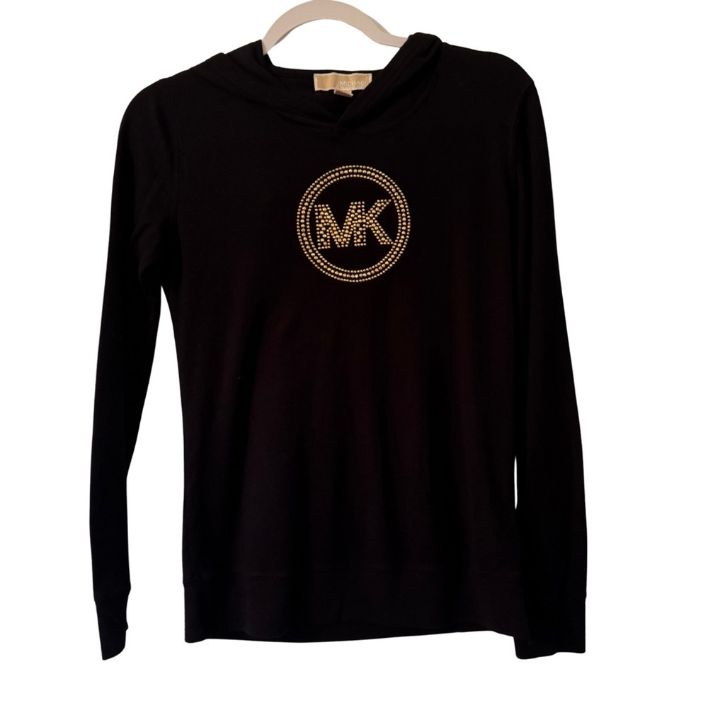 Michael Kors Women’s Black Long Sleeve Hoodie with Gold MK Logo Medium